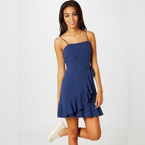 Altar’d State navy linen blend faux wrap dress size small - Picture 1 of 8